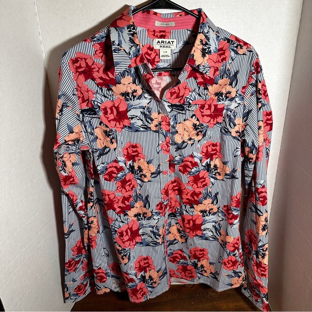 Ariat Real Women's Long Sleeve Button Up Striped Floral Art Fitted Size Large